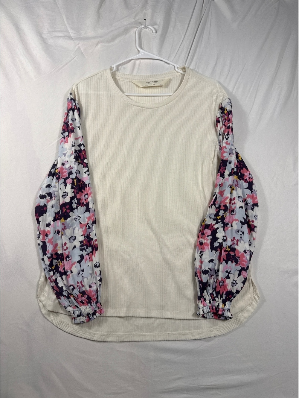 Peace Love World Boheme Collection Cream Ribbed Top with Floral Balloon Sleeves,